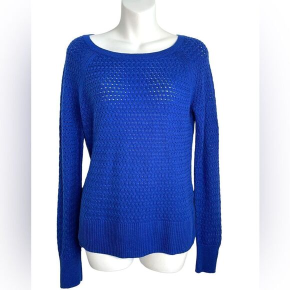 American Eagle Basketweave Knit Crewneck Sweater Royal Blue Medium - Picture 2 of 9